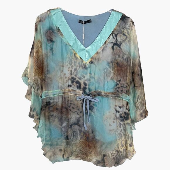 NWT LOLA V-Neck Aqua Drawstring Silk Animal Print Flowy Tunic Blouse S - Picture 2 of 8